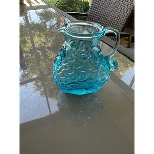 Vintage Blue Textured Glass‎ Pitcher Small Water Jug Decorative Accent